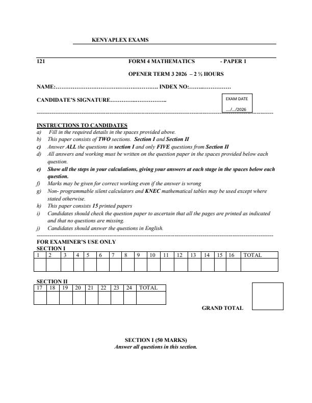 Preview page Form-4-Mathematics-Paper-1-Term-3-Opener-Exam-2026_6657_0.jpg