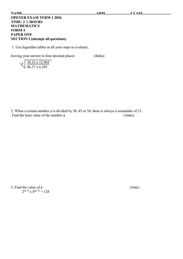Preview page Form-4-Mathematics-Term-Opener-Exam-2026_4913_0.jpg