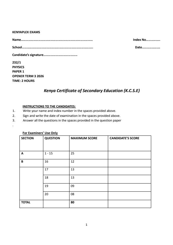 Preview page Form-4-Physics-Paper-1-Term-3-Opener-Exam-2026_6659_0.jpg