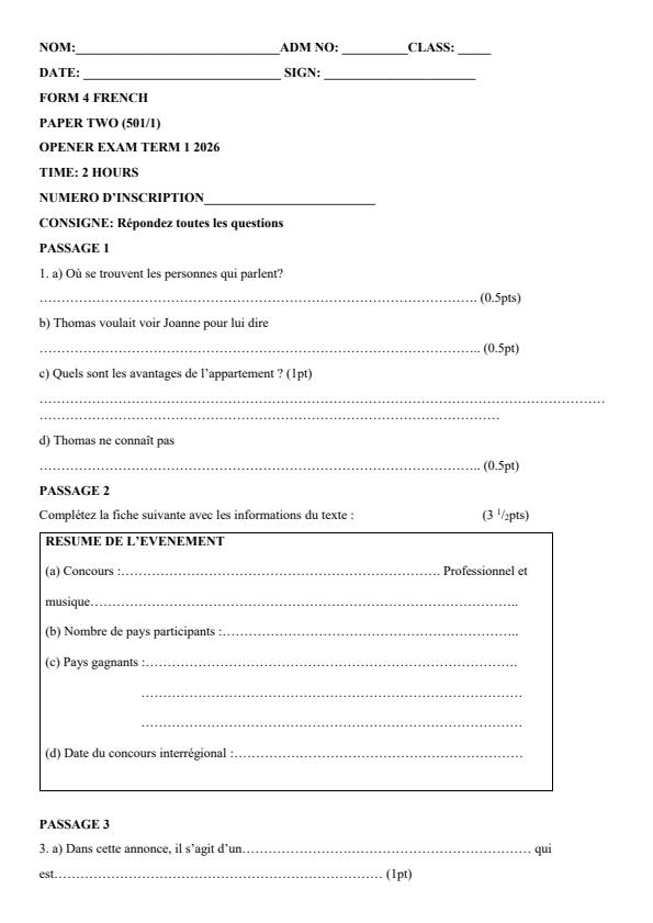 Preview page Form-4-Term-1-French-Opener-Exam-2026_4915_0.jpg
