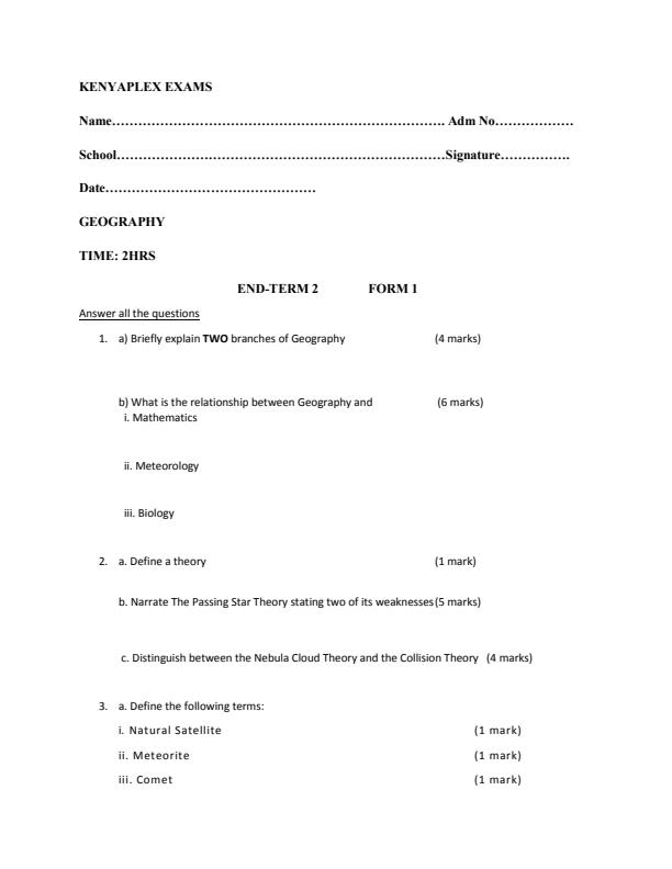 Geography Form 1 End Term 2 Examination 2021 902