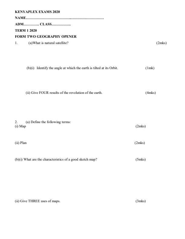 Geography Form 2 Term 1 Opener Examination 2020 463