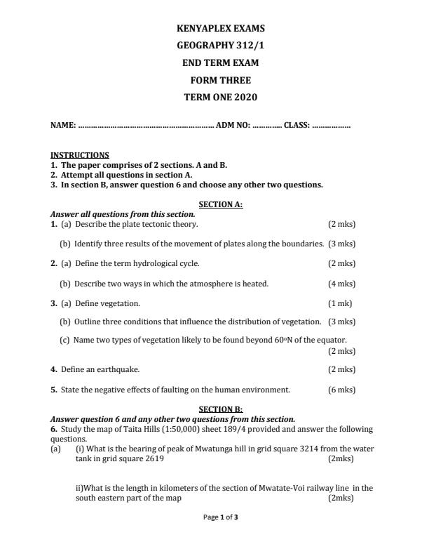 Preview page Geography-Paper-1-Form-3-End-of-Term-1-Examination-2020_628_0.jpg