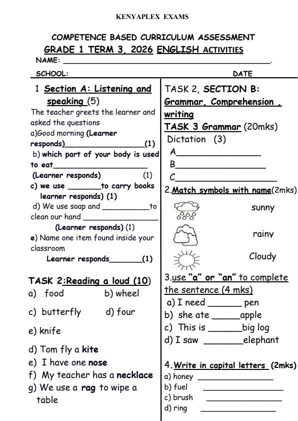 Preview page Grade-1-English-Activities-September-Assessment-Examination-2026_6689_0.jpg