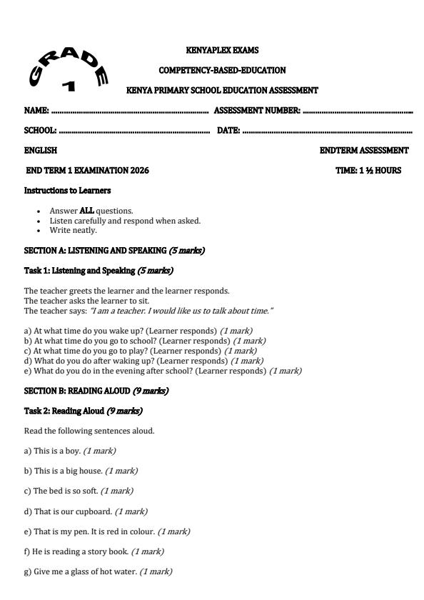 Preview page Grade-1-English-End-Term-1-Exam-2026_5286_0.jpg