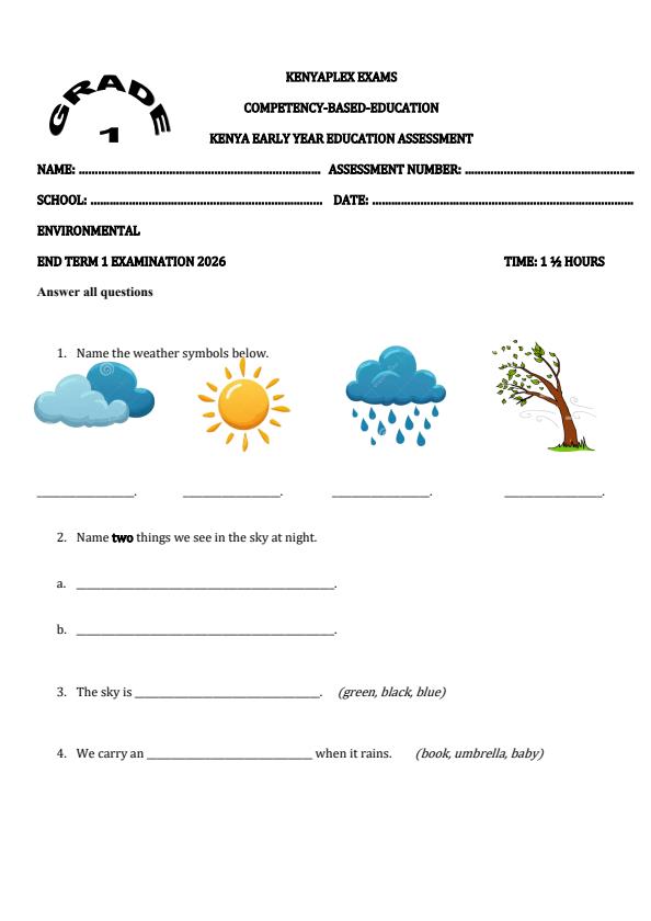 Preview page Grade-1-Environmental-Activities-End-Term-1-Exam-2026_5287_0.jpg