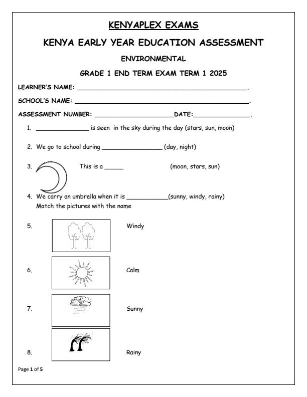 Preview page Grade-1-Environmental-Activities-End-of-Term-1-Examination-2025_3751_0.jpg