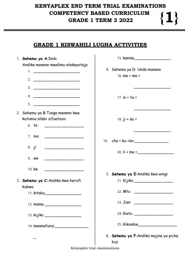 Preview page Grade-1-Kiswahili-Activities-End-of-Term-3-Examination-2022_1100_0.jpg