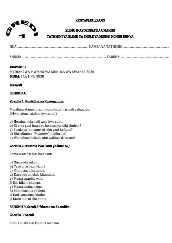 Preview page Grade-1-Kiswahili-End-Term-1-Exam-2026_5289_0.jpg