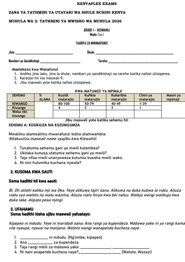 Preview page Grade-1-Kiswahili-End-Term-2-Exam-2026_6015_0.jpg