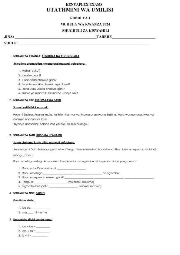 Preview page Grade-1-Kiswahili-End-of-May-Assessment-Test-2024_2561_0.jpg