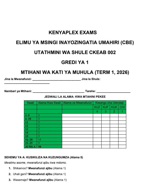 Preview page Grade-1-Kiswahili-Mid-Term-1-Exam-2026_5223_0.jpg