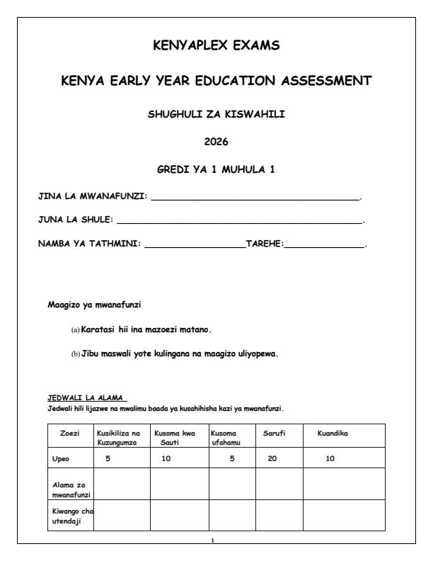 Preview page Grade-1-Kiswahili-Term-1-Opener-Exam-2026_4935_0.jpg