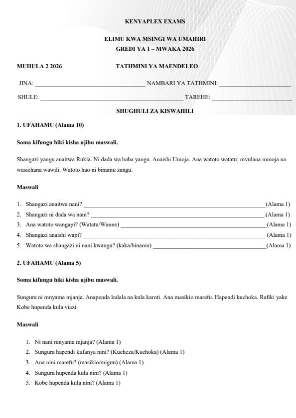 Preview page Grade-1-Kiswahili-Term-2-Opener-Exam-2026_5534_0.jpg