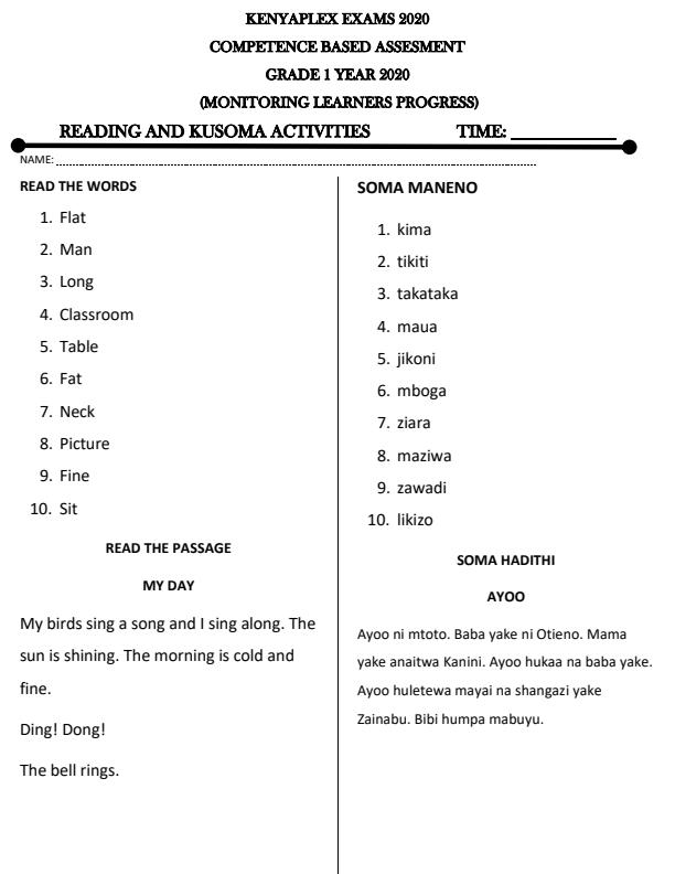 Preview page Grade-1-Reading-and-Kusoma-Term-1-Opener-Examination-2020_508_0.jpg