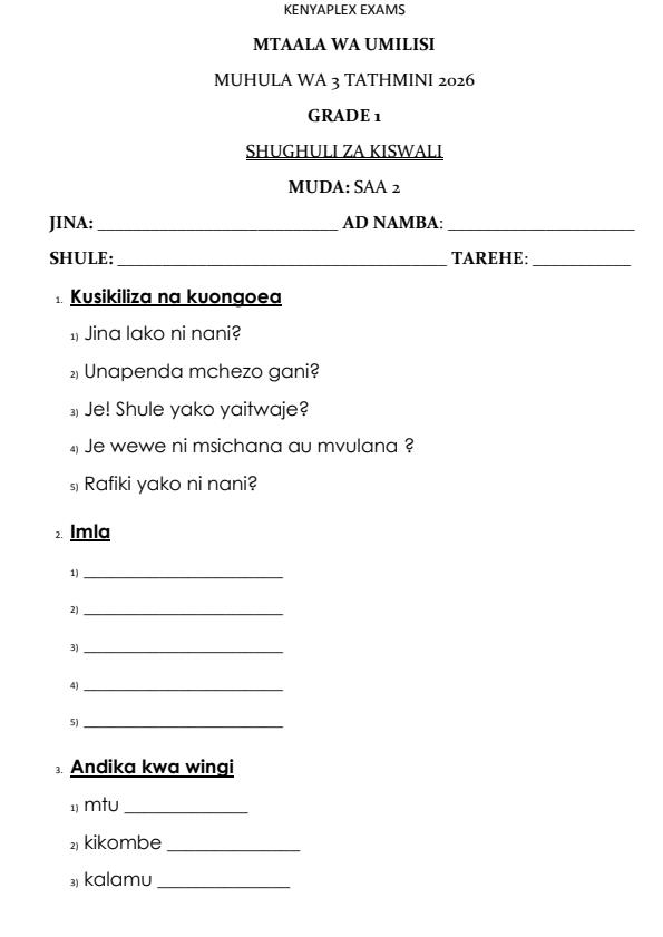 Preview page Grade-1-Shughuli-za-Kiswahili-End-Term-3-Set-2-Exam-2026_7134_0.jpg