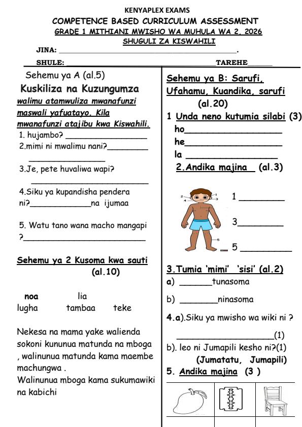 Preview page Grade-1-Shughuli-za-Kiswahili-July-Assessment-Exammination-2026_6317_0.jpg