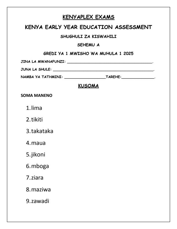 Preview page Grade-1-Shughuli-za-Kiswahili-Kusoma-End-of-Term-1-Examination-2025_3754_0.jpg
