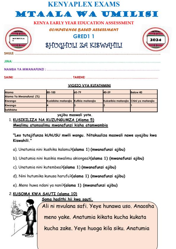 Preview page Grade-1-Shughuli-za-Kiswahili-Mid-Term-3-Exam-2024_3108_0.jpg