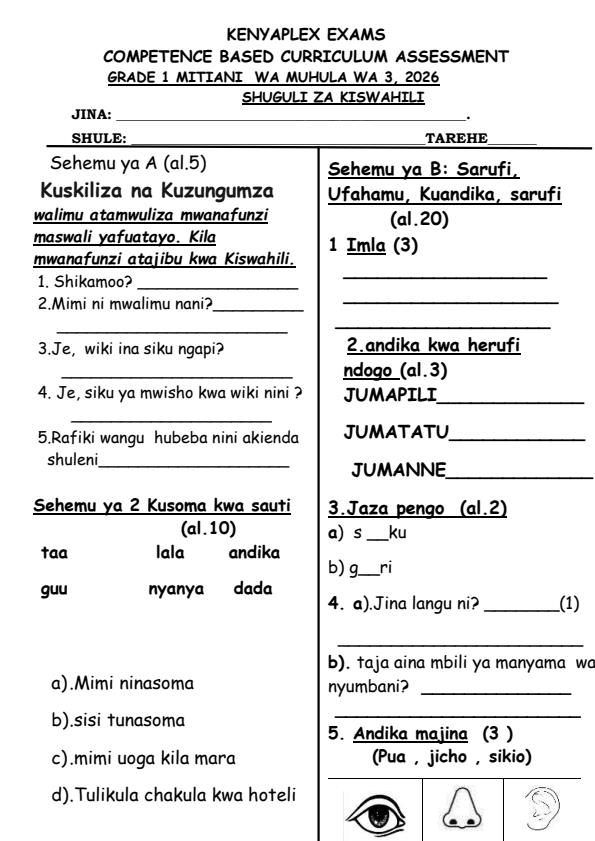 Preview page Grade-1-Shughuli-za-Kiswahili-September-Assessment-Examination-2026_6691_0.jpg