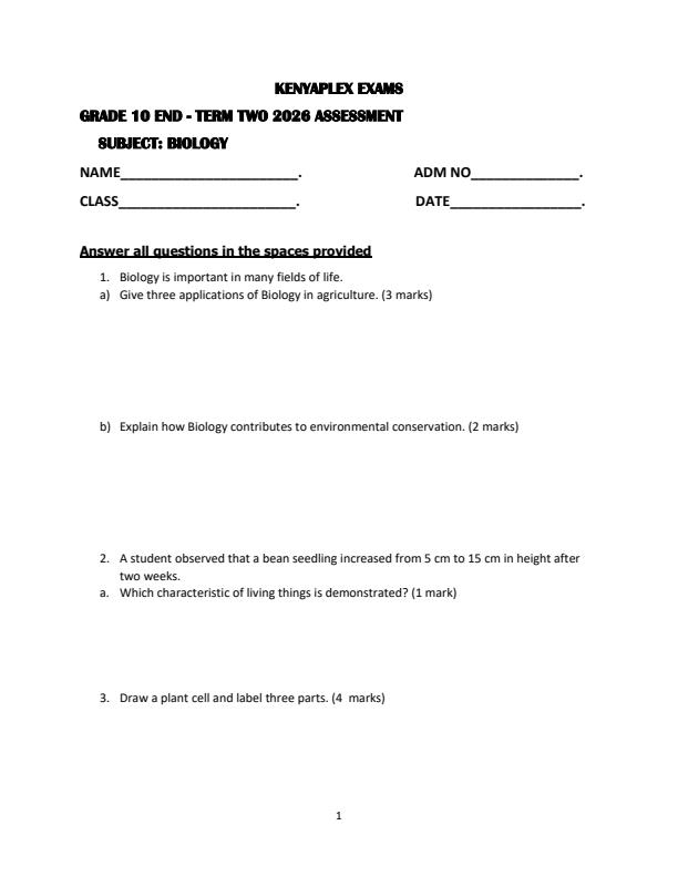 Preview page Grade-10-Biology-July-Assessment-Examination-2026_6334_0.jpg