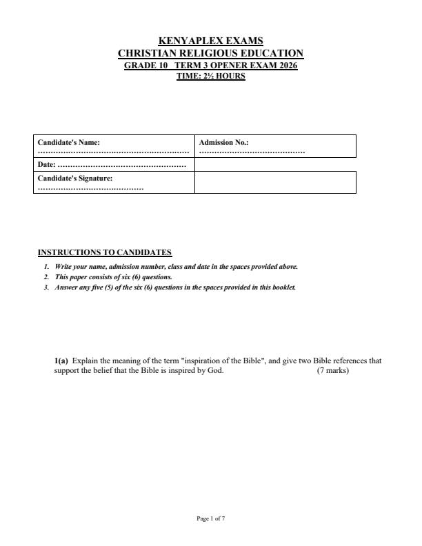 Preview page Grade-10-CRE-September-Assessment-Examination-2026_6723_0.jpg