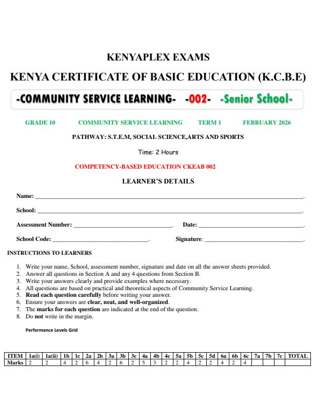 Grade 10 Community Service Learning CSL Mid Term 1 Exam 2026