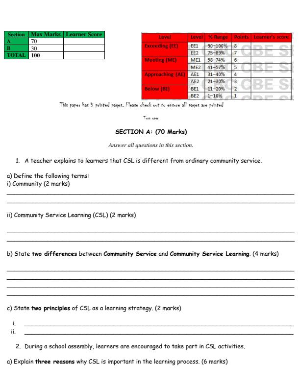 Grade 10 Community Service Learning CSL Mid Term 1 Exam 2026