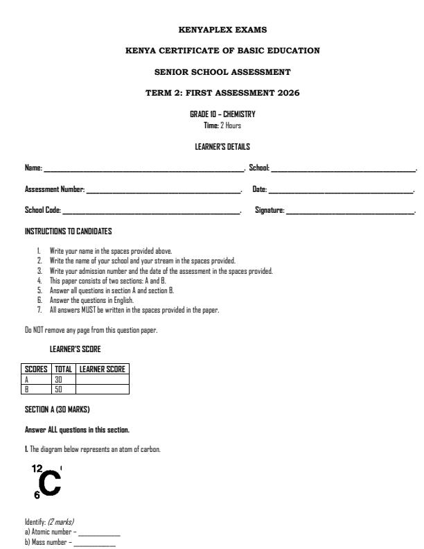Preview page Grade-10-Chemistry-Term-2-Opener-Exam-2026_5647_0.jpg