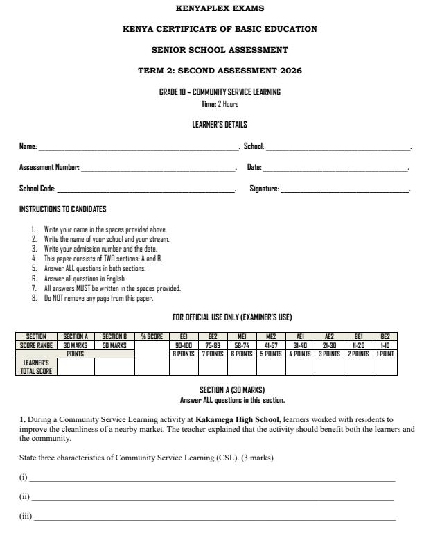 Preview page Grade-10-Community-Service-Learning-End-Term-3-Exam-2026_6940_0.jpg