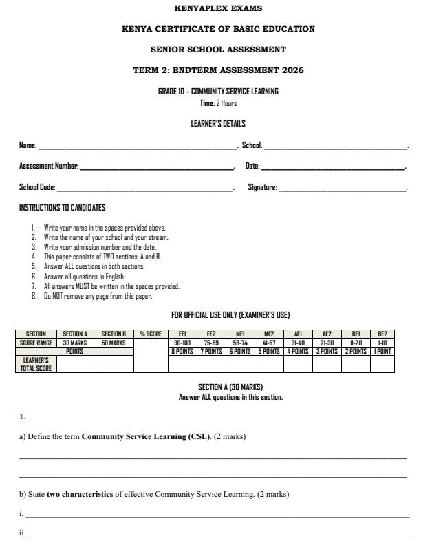 Preview page Grade-10-Community-Service-Learning-End-Term-3-Set-2-Exam-2026_7011_0.jpg