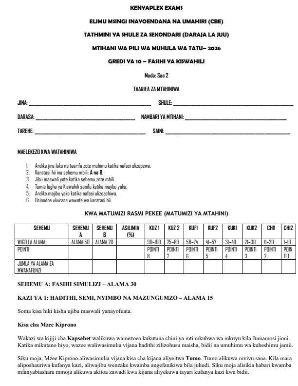 Preview page Grade-10-Fasihi-ya-Kiswahili-End-Term-3-Exam-2026_6944_0.jpg