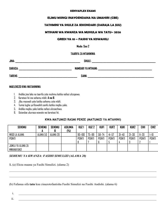 Preview page Grade-10-Fasihi-ya-Kiswahili-Term-3-Opener-Exam-2026_6569_0.jpg