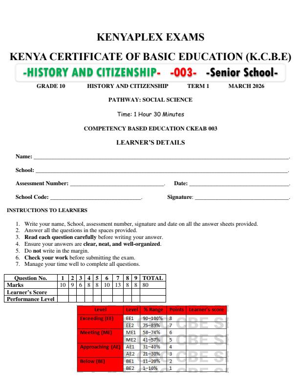 Grade 10 History And Citizenship End Term 1 Exam 2026