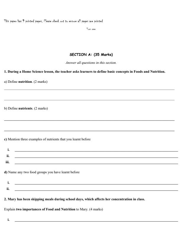 Preview page Grade-10-Home-Science-Opener-Exam-Term-1-2026_5033_1.jpg