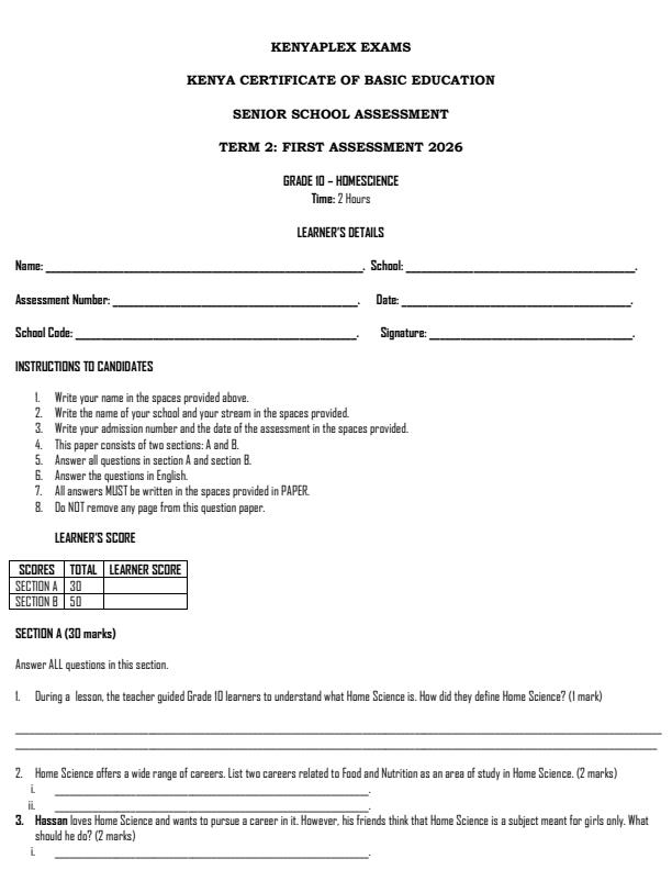 Preview page Grade-10-Home-Science-Term-2-Opener-Exam-2026_5662_0.jpg