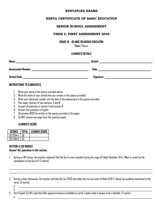 Preview page Grade-10-Islamic-Religious-Education-Term-2-Opener-Exam-2026_5665_0.jpg