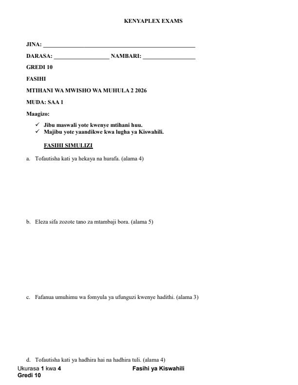 Preview page Grade-10-Kiswahili--Fasihi-July-Assessment-Examination-2026_6341_0.jpg