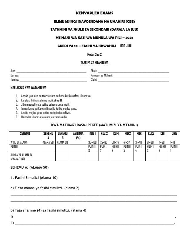 Preview page Grade-10-Kiswahili--Fasihi-Mid-Term-2-Exam-2026_5937_0.jpg