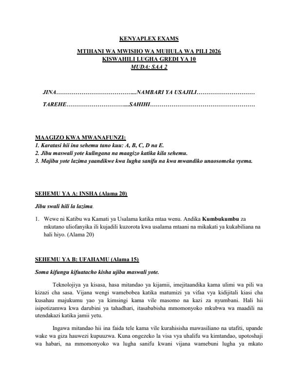 Preview page Grade-10-Kiswahili-July-Assessment-Examination-2026_6346_0.jpg
