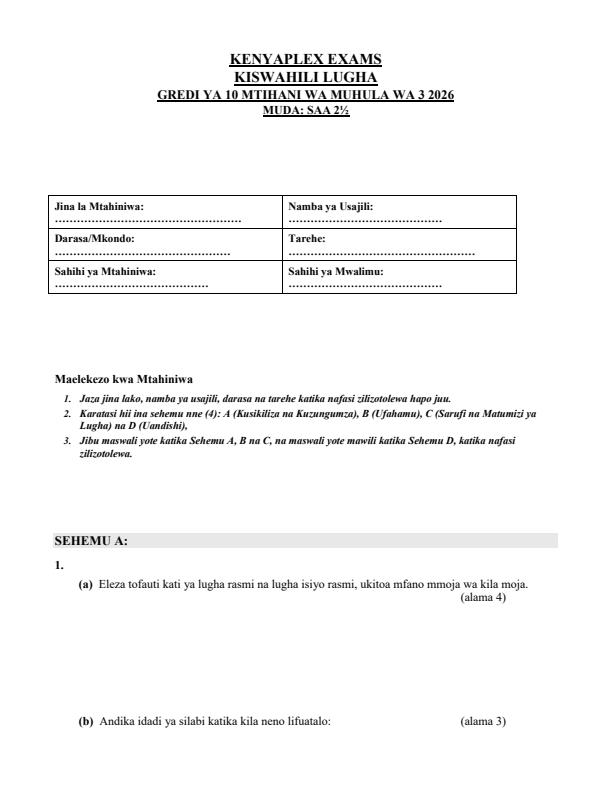 Preview page Grade-10-Kiswahili-Lugha-September-Assessment-Examination-2026_6728_0.jpg