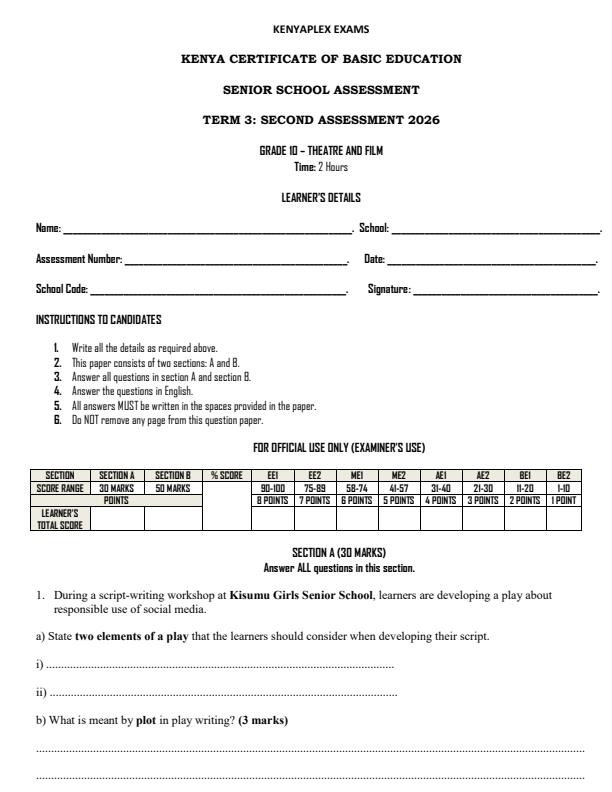 Preview page Grade-10-Theatre-and-Film-End-Term-3-Exam-2026_6963_0.jpg