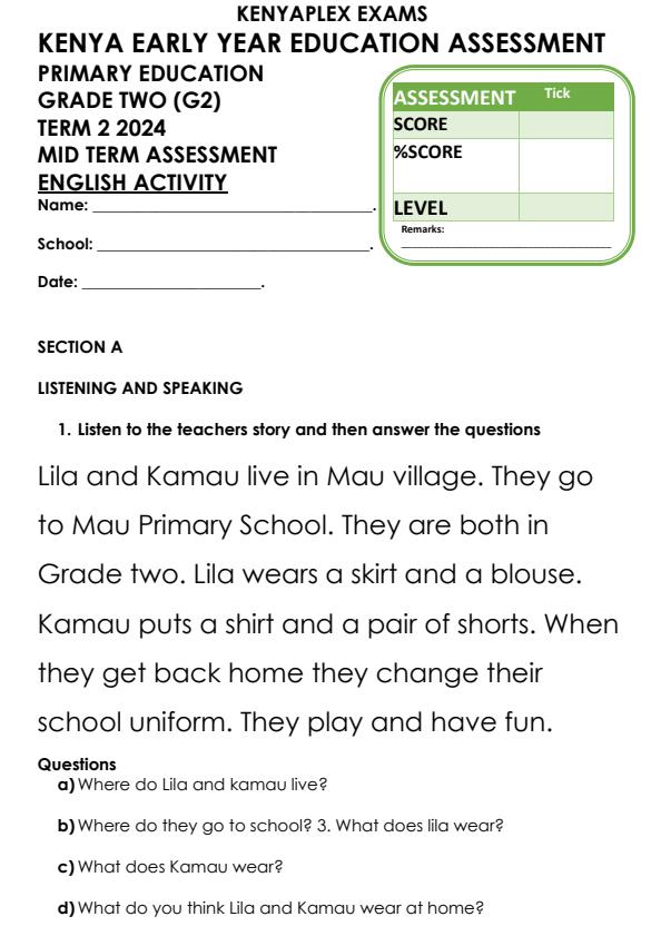 Grade 2 English Language Activities Mid Term 2 Exam 2024 - 2635