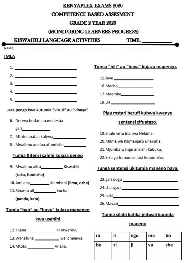 Preview page Grade-2-Kiswahili-Activities-Term-1-Opener-Examination-2020_512_0.jpg