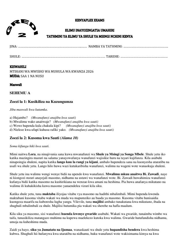 Preview page Grade-2-Kiswahili-End-Term-1-Exam-2026_5282_0.jpg