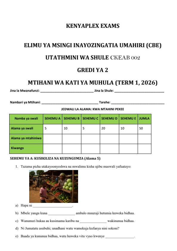 Preview page Grade-2-Kiswahili-Mid-Term-1-Exam-2026_5216_0.jpg