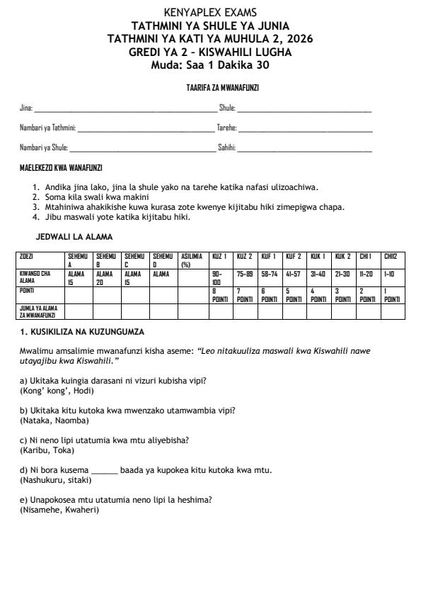 Preview page Grade-2-Kiswahili-Mid-Term-2-Exam-2026_5803_0.jpg