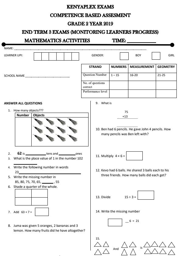 Preview page Grade-2-Mathematics-Activities-End-of-Term-3-Examination-2019_415_0.jpg