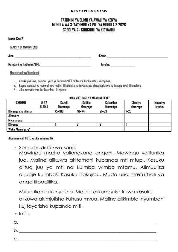 Preview page Grade-2-Shughuli-ya-Kiswahili-End-Term-3-Exam-2026_6918_0.jpg