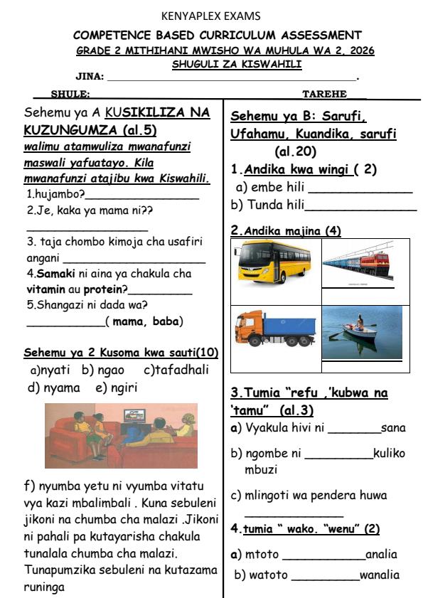 Preview page Grade-2-Shughuli-za-Kiswahili-July-Assessment-Examination-2026_6313_0.jpg